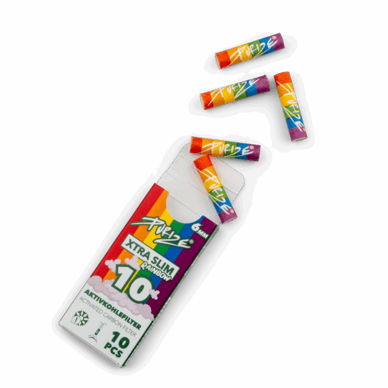PURIZE Xtra Slim Aktivkohlefilter 6 mm – Mini Pack, Rainbow (VE 20 × 10 Stück)