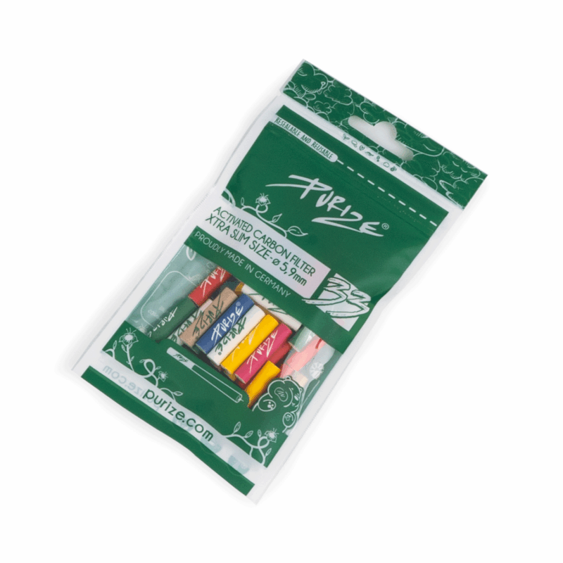 PURIZE Xtra Slim Aktivkohlefilter 6 mm – PE-Beutel, Mixed Colors 33Stk.