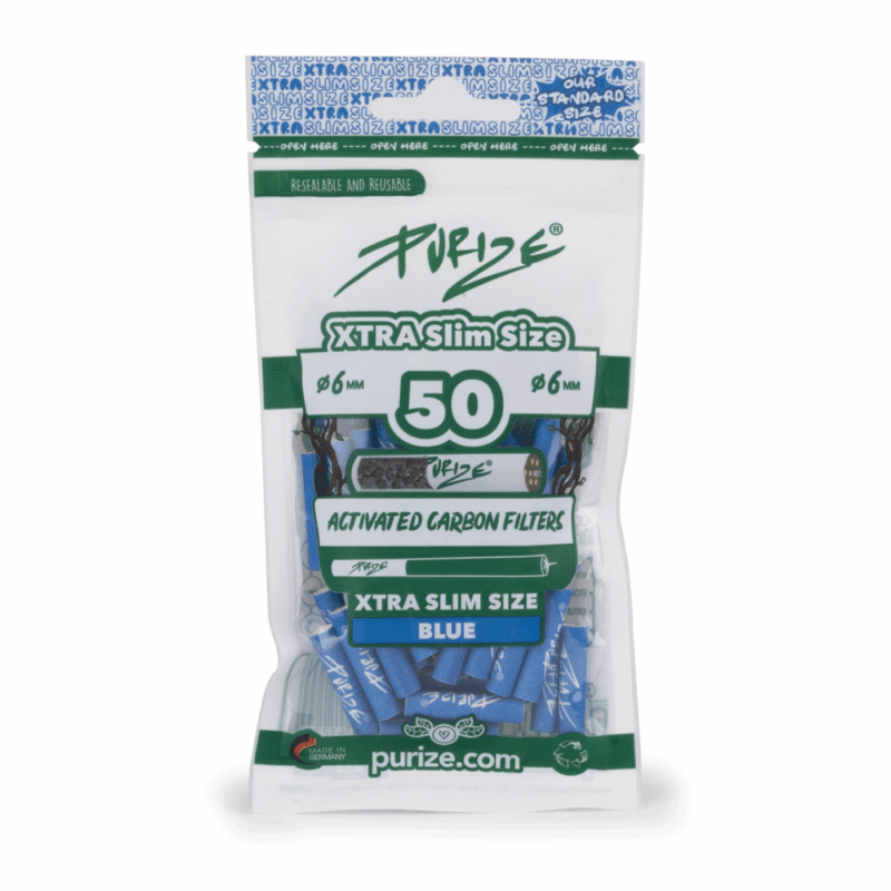 PURIZE Xtra Slim Aktivkohlefilter 6 mm – 50 Stück im PE-Beutel, Blau (VE 20 × 50)