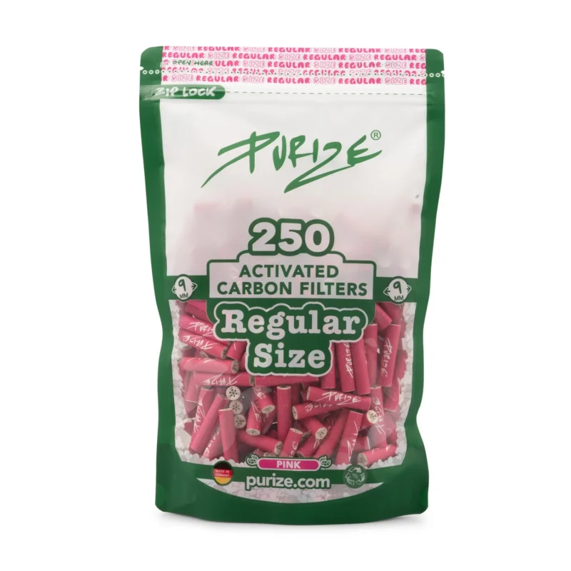 PURIZE Regular Size Aktivkohlefilter 9 mm – 250 Stück im PE-Beutel, Pink