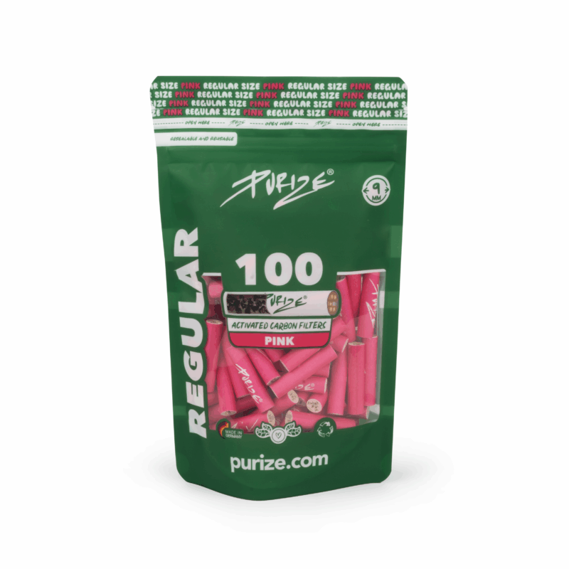 PURIZE Regular Size Aktivkohlefilter 9 mm – 100 Stück im PE-Beutel, Pink