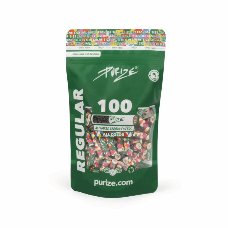 PURIZE Regular Size Aktivkohlefilter 9 mm – 100 Stück im PE-Beutel, All-Color