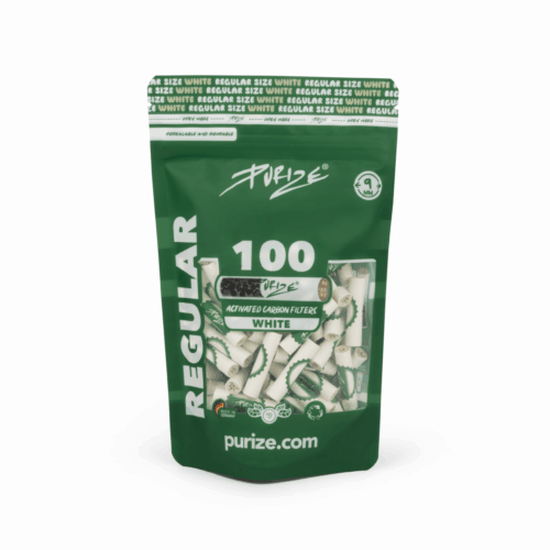 PURIZE Regular Size Aktivkohlefilter 9 mm – 100 Stück im PE-Beutel, Weiß