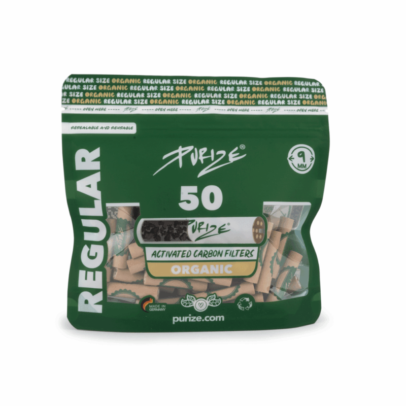 PURIZE Regular Size Aktivkohlefilter 9 mm – 50 Stück im PE-Beutel, Organic (VE 8 × 50)