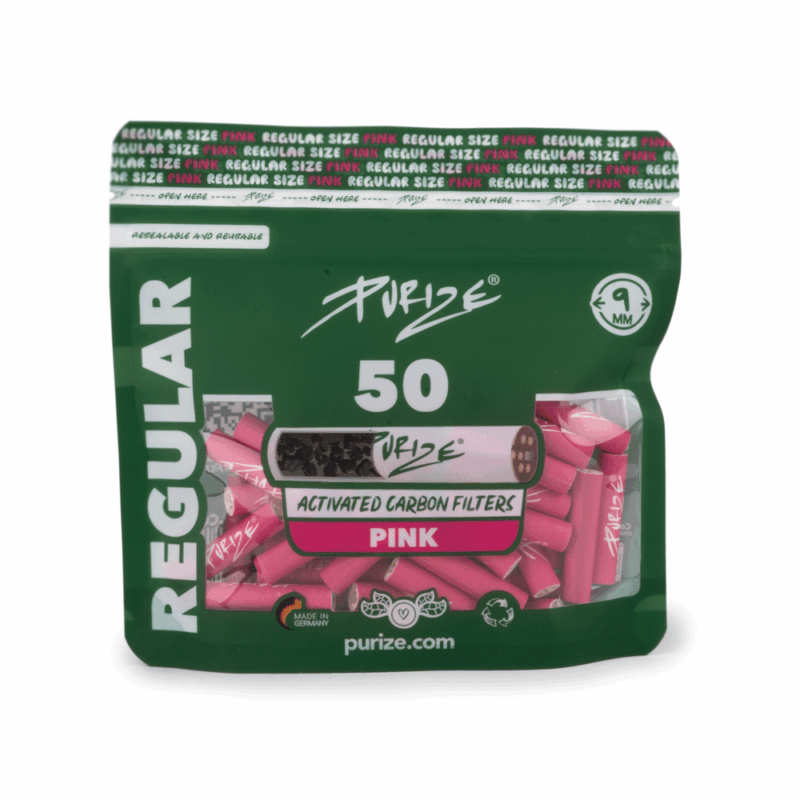PURIZE Regular Size Aktivkohlefilter 9 mm – 50 Stück im PE-Beutel, Pink (VE 8 × 50)