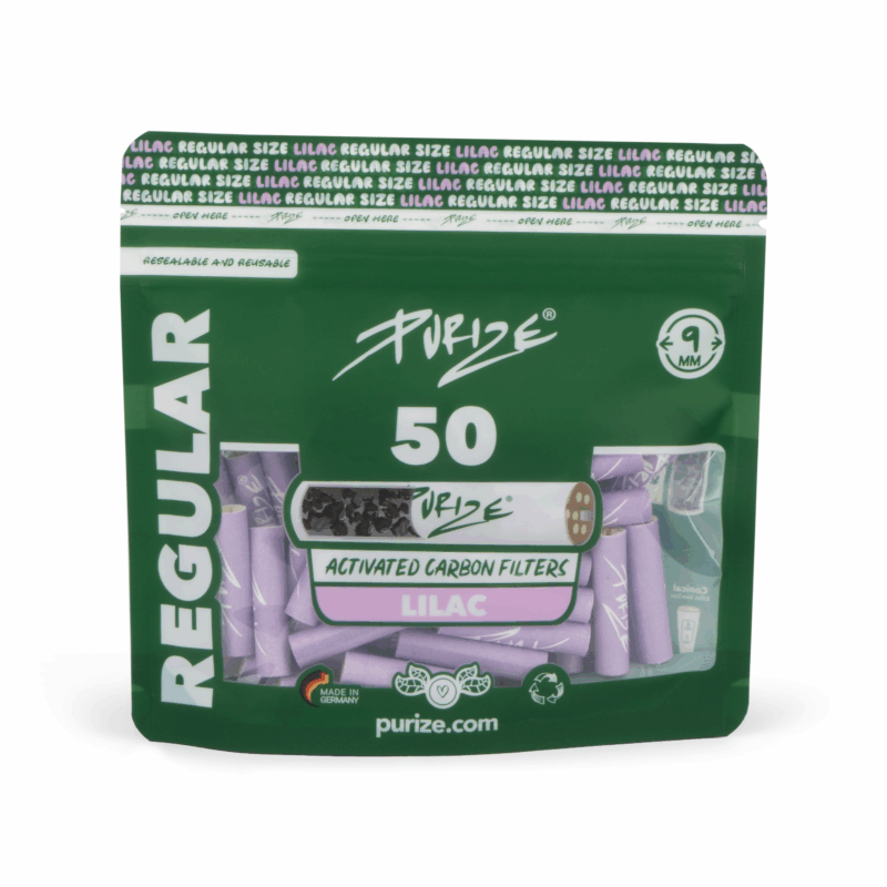 PURIZE Regular Size Aktivkohlefilter 9 mm – 50 Stück im PE-Beutel, Lilac (VE 8 × 50)