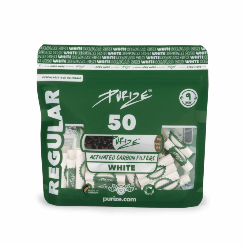 PURIZE Regular Size Aktivkohlefilter 9 mm – 50 Stück im PE-Beutel, Weiß (VE 8 × 50)