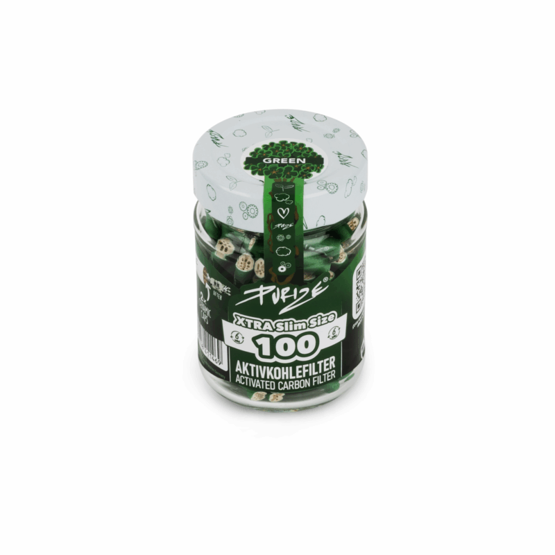 PURIZE Xtra Slim Aktivkohlefilter 6 mm – 100 Stück im Glas, Farben Mixed (VE 10 × 100)