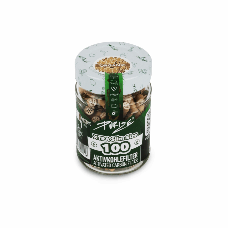 PURIZE Xtra Slim Aktivkohlefilter 6 mm – 100 Stück im Glas, Farben Mixed (VE 10 × 100)