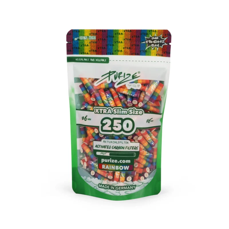 PURIZE Xtra Slim Aktivkohlefilter 6 mm – 250 Stück im Standbodenbeutel, Rainbow