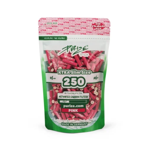 XTRA250_pink PURIZE Xtra Slim Aktivkohlefilter 6 mm – 250 Stück im Standbodenbeutel, Pink