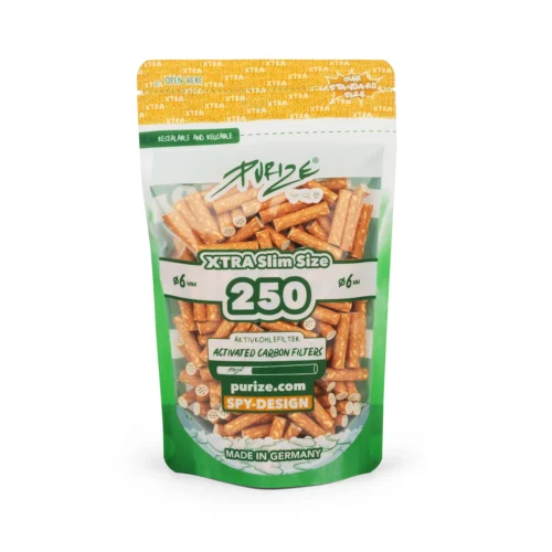 XTRA250_spy PURIZE Xtra Slim Aktivkohlefilter 6 mm – 250 Stück im Standbodenbeutel, Spion