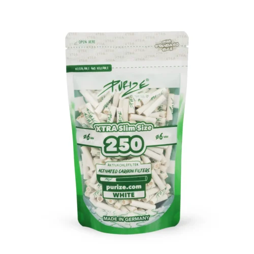XTRA250_white PURIZE Xtra Slim Aktivkohlefilter 6 mm – 250 Stück im Standbodenbeutel, Weiß