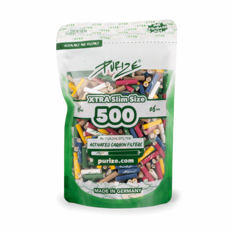 PURIZE Xtra Slim Aktivkohlefilter 6 mm – 500 Stück im Doypack, Farben gemischt