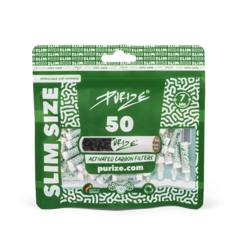 PURIZE Slim Size Aktivkohlefilter 7 mm – 50 Stück im PE-Beutel, Weiß (VE 10 × 50)