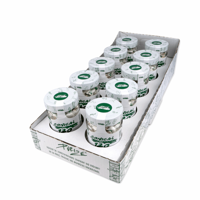 PURIZE Conical Aktivkohlefilter 5–6 mm – 120 Stück im Glas, Weiß (VE 10 × 120)