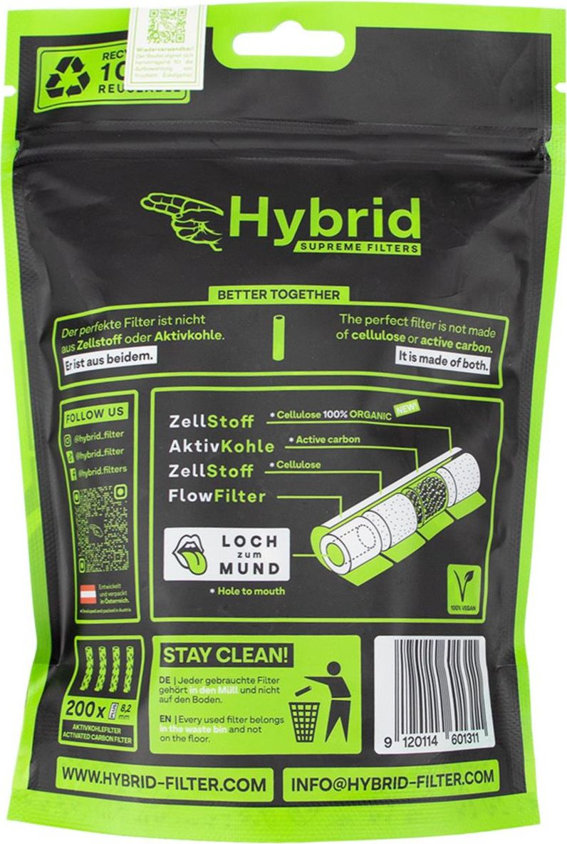Hybrid Supreme Filters Plus Size Ø 8,2mm – Aktivkohle Filter 200 Stück | 30mm Premium Zellstoff