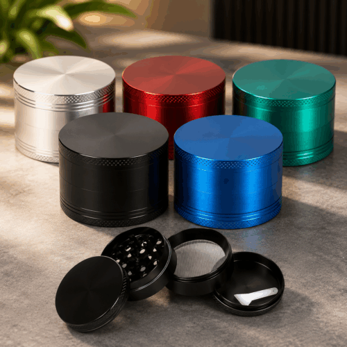 Metall Grinder 63 mm mit Pollensieb und Mini-Schaufel in verschiedenen Farben