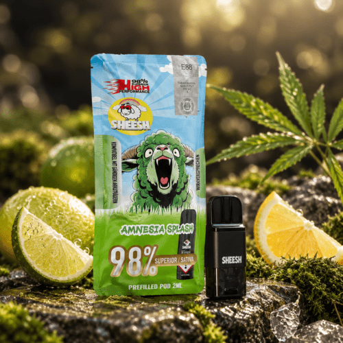 SHEESH Amnesia Splash Superior Sativa Pod 2 ml mit Limetten, grünen Blättern und Wasserfall im Natur-Bokeh