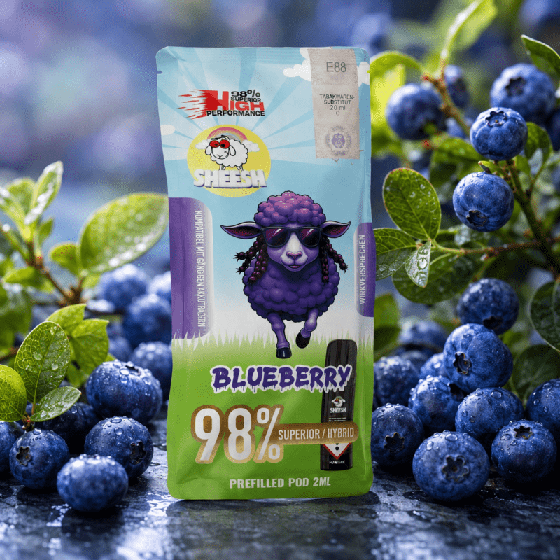 SHEESH Blueberry 98 % Superior Hybrid Pod 2 ml mit frischen Blaubeeren und grünen Blättern auf feuchtem Stein