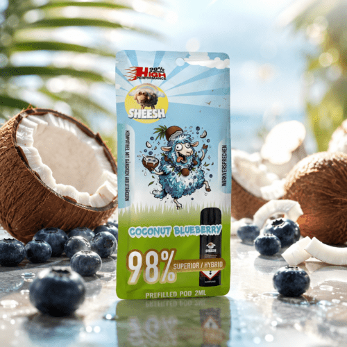 SHEESH Superior Pod Coconut Blueberry 2 ml mit Kokosnuss, Blaubeeren und hellem tropischem Premium-Setting.