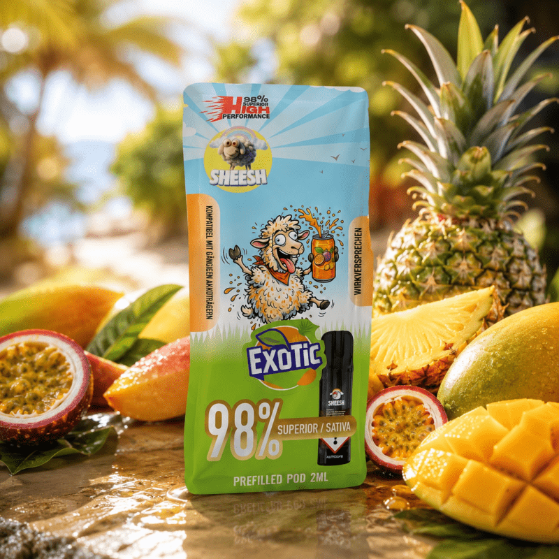 SHEESH Exotic 98 % Superior Sativa Vape 2 ml mit Ananas, Mango und Passionsfrucht vor warmem tropischem Bokeh-Hintergrund.