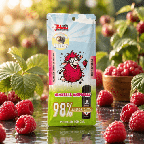 SHEESH Himbeere Raspberry 98 % Superior Sativa Vape 2 ml mit frischen Himbeeren und Blättern im warmen Premium-Setting.