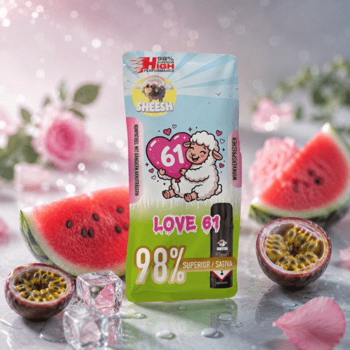 SHEESH Love 61 98 % Superior Sativa Vape 2 ml mit Wassermelone, Maracuja und Eiskristallen vor weichem pinkem Bokeh.