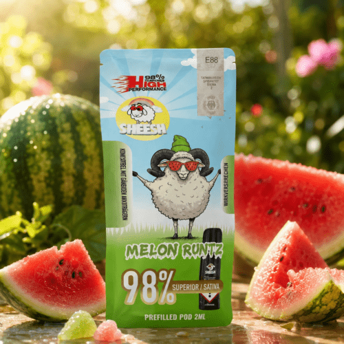 SHEESH Melon Runtz 98 % Superior Sativa Pod 2 ml mit Wassermelone und Fruchtstücken im sonnigen Premium-Bokeh