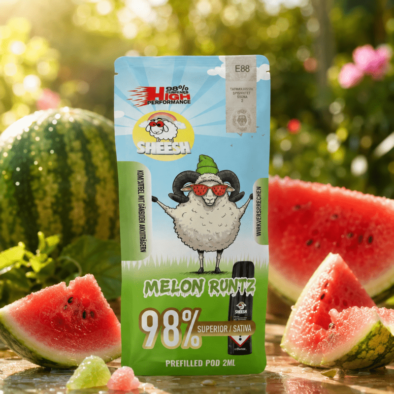 SHEESH Melon Runtz 98 % Superior Sativa Pod 2 ml mit Wassermelone und Fruchtstücken im sonnigen Premium-Bokeh