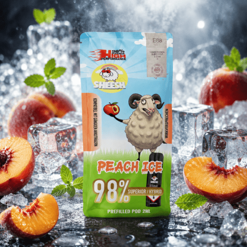 SHEESH Peach Ice 98 % Superior Hybrid Pod 2 ml mit Pfirsichhälften, Eiswürfeln und Minzblättern im kühlen Premium-Setting