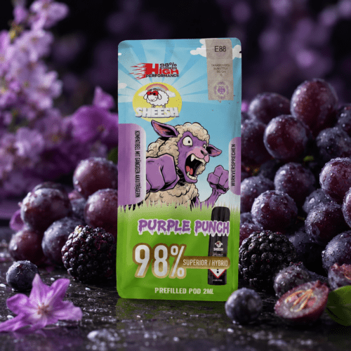 SHEESH Purple Punch 98 % Superior Hybrid Pod 2 ml mit dunklen Trauben und Beeren auf nassem Stein im violetten Bokeh