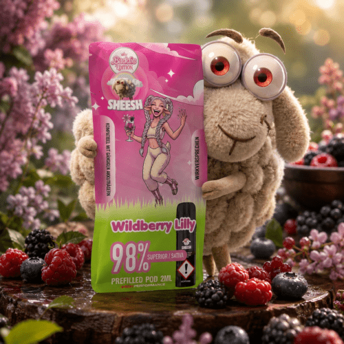 SHEESH Wildberry Lilly 98 % Superior Sativa Pod 2 ml mit Wildbeeren und Blüten in natürlichem Premium-Setting