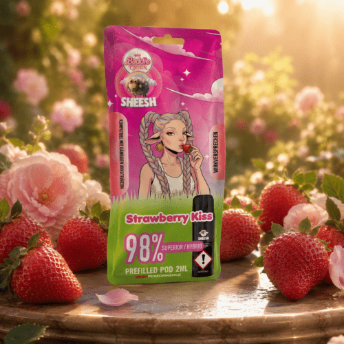 SHEESH Strawberry Kiss 98 % Superior Hybrid Pod 2 ml mit reifen Erdbeeren und rosa Blüten im warmen Garten.