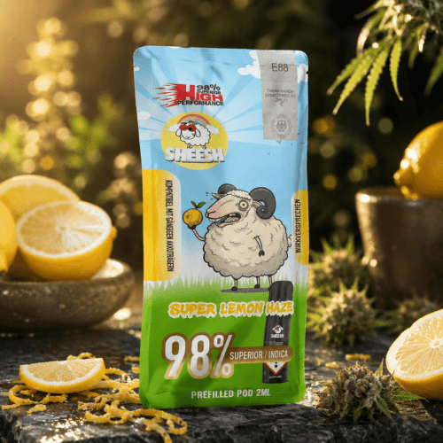 SHEESH Super Lemon Haze 98 % Superior Indica Pod 2 ml mit Zitronen, Zitronenzeste und grünen Haze-Akzenten auf dunklem Stein