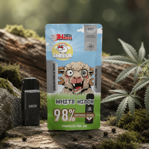 SHEESH White Widow 98 % Superior Hybrid Pod 2 ml mit dunklem Waldboden, grünen Blättern und weichem Natur-Bokeh