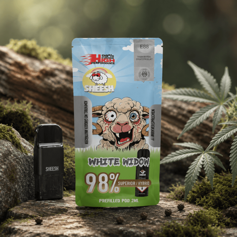 SHEESH White Widow 98 % Superior Hybrid Pod 2 ml mit dunklem Waldboden, grünen Blättern und weichem Natur-Bokeh