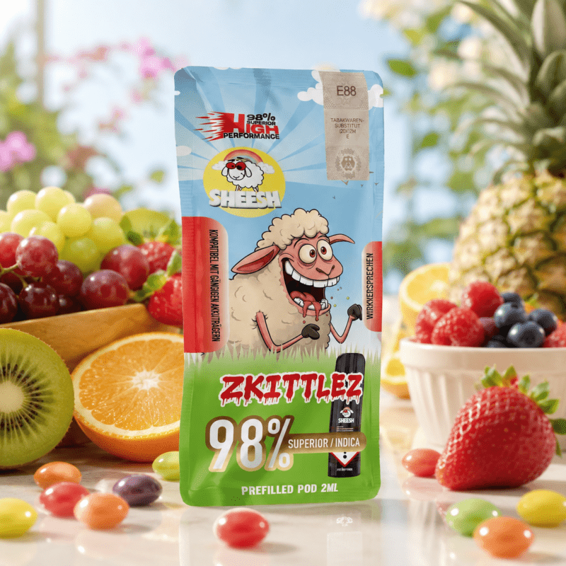 SHEESH Zkittlez 98 % Superior Indica Pod 2 ml mit Kiwi, Trauben, Beeren und bunten Candy-Akzenten im hellen Bokeh